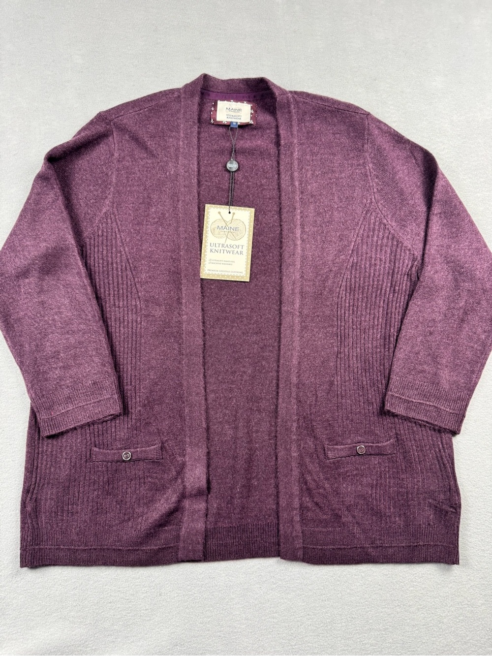MAINE NEW ENGLAND Cardigan Womens 18 Ultrasoft Knitwear Shawl Pocket Front Plum